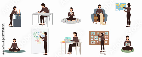 Diverse Set of Flat Design Icons Depicting a Woman Engaged in Various Activities