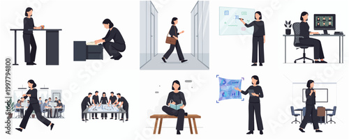 Modern Office Professional Woman Character Scenes Collection Illustration