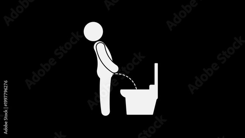 Animation of a man urinating icon, dotted lines coming out and falling, cartoon concept, health issues, hygiene, black background, 4k video