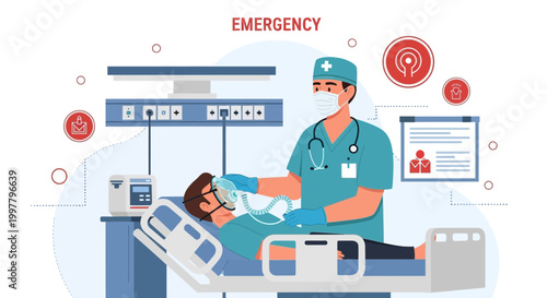 Doctor assisting patient with oxygen mask in emergency room, medical care concept