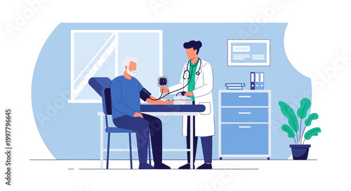 Doctor checking elderly man's blood pressure in a clinic examination room