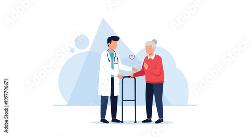 Doctor assisting elderly woman with walker, healthcare, medical support, and senior care concept
