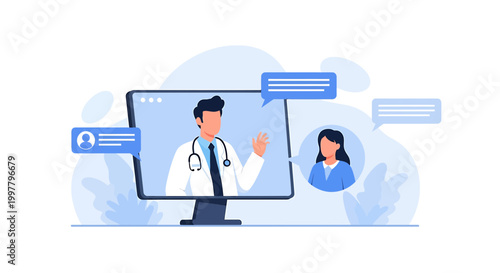Doctor consulting patient online via video call on computer screen, telemedicine concept
