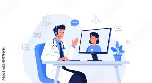Doctor consulting patient online via video call, telemedicine concept, remote healthcare consultation