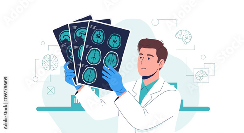 Doctor examining brain MRI scans, medical diagnosis, neuroscience research, healthcare concept
