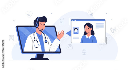 Doctor consulting patient online via video call, telemedicine, remote healthcare, digital medical consultation