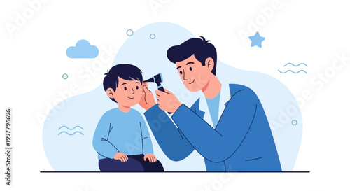 Doctor examining child's ear with otoscope, healthcare concept, medical check-up