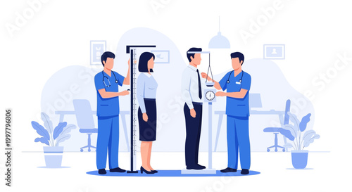 Medical check-up: Doctors measure height and weight of male and female patients in clinic.
