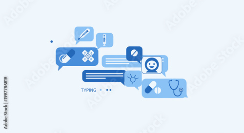 Medical Chat Bubbles with Icons: Pills, Stethoscope, Thermometer, Bandage, Doctor