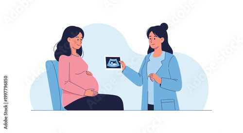 Pregnant woman consults doctor showing ultrasound image, healthcare, pregnancy, motherhood