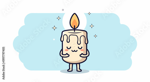 Cute Cartoon Candle Face With Smile And Flame.