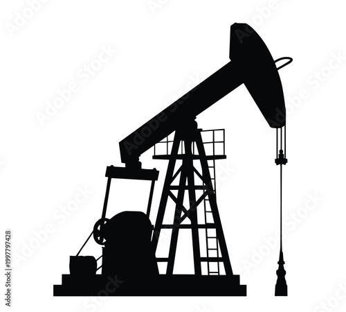 Black silhouette of oil pumpjack against transparent background vector illustration.