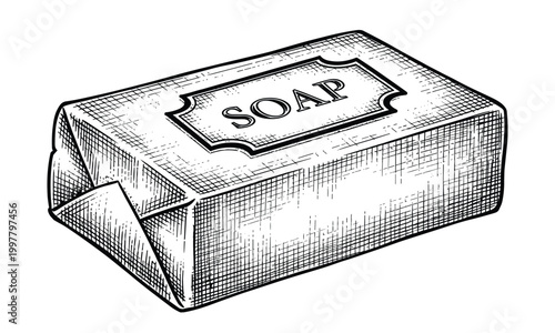 Vector illustration of vintage bar of soap wrapped in paper with label saying soap.