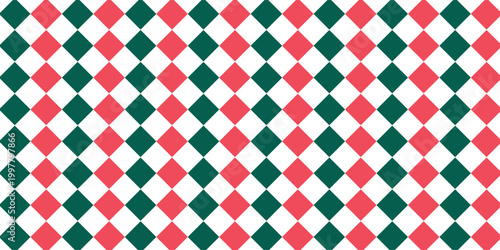 Christmas rhombus seamless pattern. Red and green xmas plaid texture with gold line. Argyle geometric diamond pattern. Christmas abstract wrapping bg. Vector illustration isolated on white background.