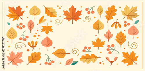 A beautiful collection of colorful fall foliage, including maple and oak leaves with berries, forms a festive decorative frame, evoking the cozy spirit of the autumn season