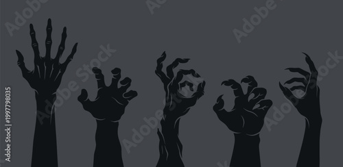A chilling ensemble of five skeletal hands reaching upwards from the darkness, evoking a strong sense of dread and mystery, perfect for Halloween themes and horror concepts