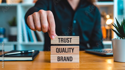 Trust quality brand concept with hand stacking blocks