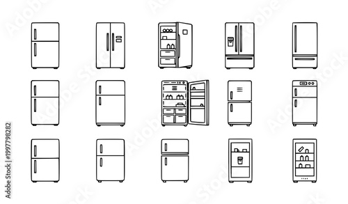 Fridge Outline Vector Icons Set for Kitchen Appliance UI Design Elements Isolated on White Background