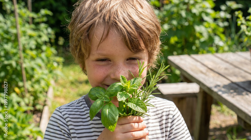 Young child smiling while holding fresh herbs in garden outdoors  