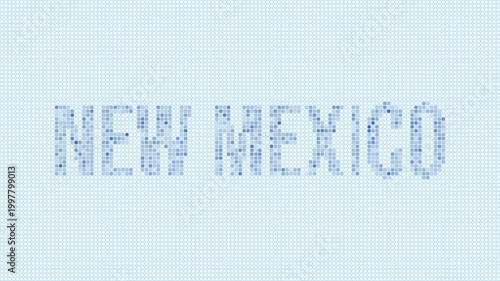 New Mexico, United States dotted map animation. Digital style shape of the state. New Mexico, United States shape and title dots appear with bulb flickering effect. Intro, outro, logo, title video.