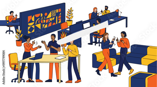 Diverse creative agency team collaborating in a modern hybrid workspace to foster innovation and company culture