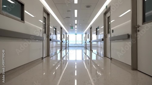 Modern hospital corridor with bright lighting and reflective floor, symbolizing healthcare and advanced medical facilities