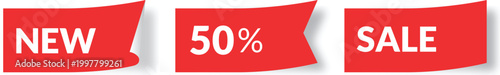 Red rectangular shopping sale price tags with peeling corners and white text.