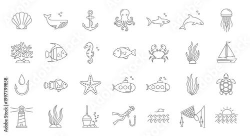 Seafood icons and ocean creatures.