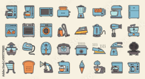 Kitchen appliances and tools icons.