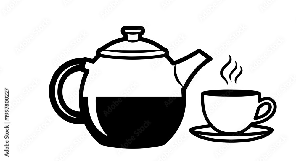 Obraz premium Minimalist Vector Icon: Hot Tea Pot with Steaming Cup and Saucer