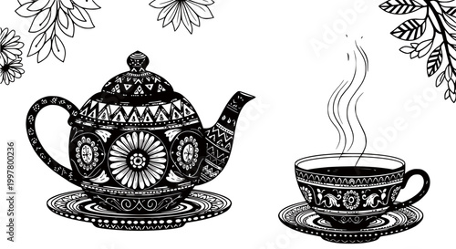 Ornate Teapot and Cup with Steam, Hand-Drawn Doodle Style, Floral Elements