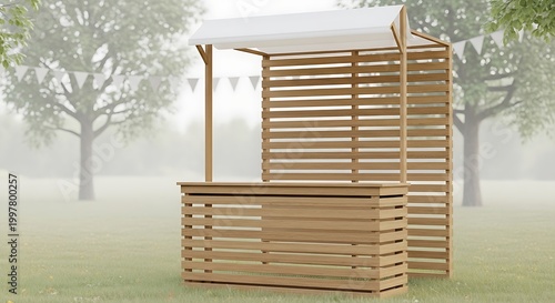 Wooden outdoor market stall with canopy and slatted walls in a park setting.