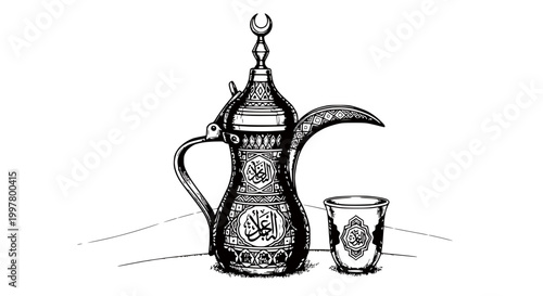 Traditional Arabic Coffee Pot Dallah and Small Cup, Hand-Drawn Sketch