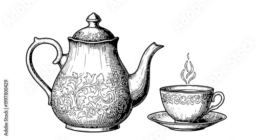 Vintage Tea Set: Ornate Teapot and Steaming Cup of Tea Illustration