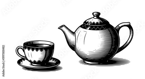 Vintage Teapot and Cup Illustration - Engraved Style