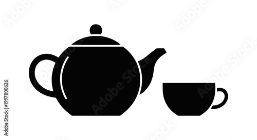Black silhouette of a teapot and a cup, minimalist design, vector icon