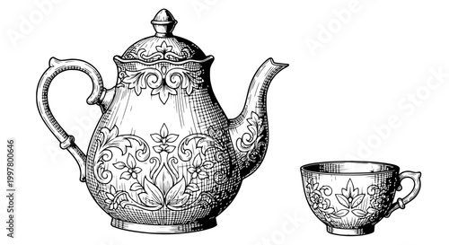 Vintage Teapot and Cup Illustration - Ornate Floral Design