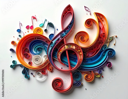 Colorful Quilled Treble Clef with Musical Notes.