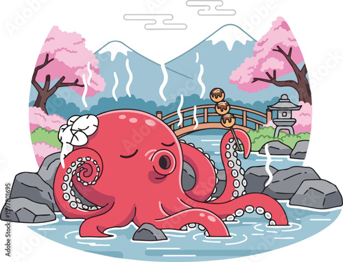 Cute cartoon red octopus relaxing in a hot spring.