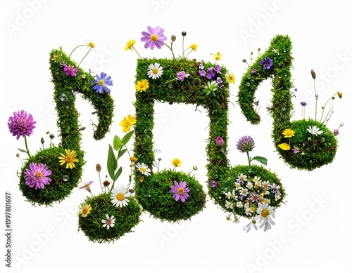 Musical Notes Crafted from Lush Green Moss and Vibrant Wildflowers.