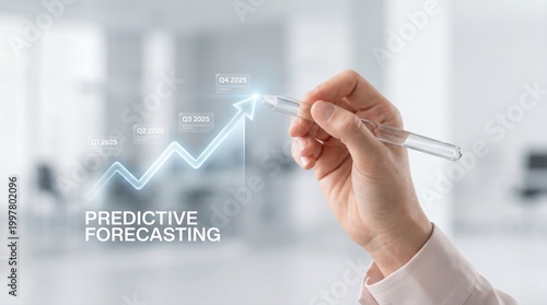 Predictive forecasting concept with an upward trend line graph and a hand holding a pen, business growth and analysis