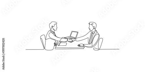 Photos Two businessmen sitting at a desk shaking hands over a laptop in a simple line d