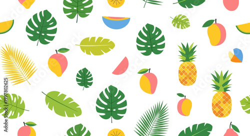 Vibrant tropical fruit and leaves pattern on white background illustration