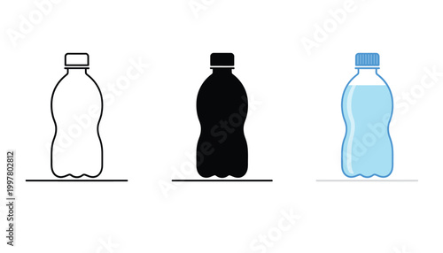 Three plastic bottles in white black and blue colors standing on a flat gray surface for comparison