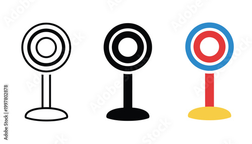 Three webcam symbols in minimalist style black white and colorful with red blue and yellow accents for technology and communication design