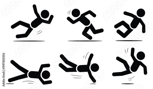 Bundle collection signs of man fall from high places, height risk, edge danger, safety sign, warning icons for workplace hazard prevention, bold pictograms with clear visibility and strong contrast