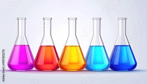Five Colorful Chemical Solutions in Laboratory Flasks on White Background.