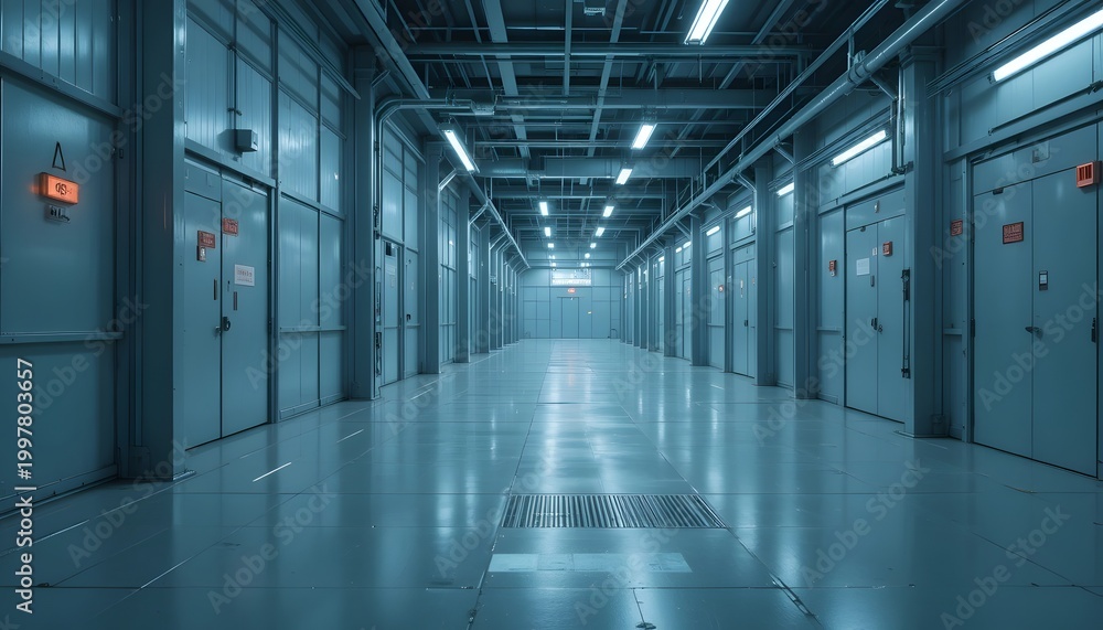 Fototapeta premium A long corridor with multiple doors.