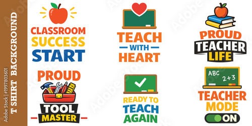 Set of colorful educational and back to school t-shirt design prints featuring typography.