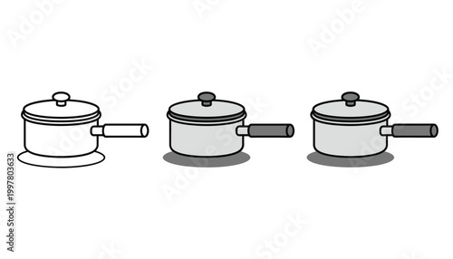 Three minimalist cooking pots with lids and handles arranged in a row simple kitchenware design in black and white sketch style